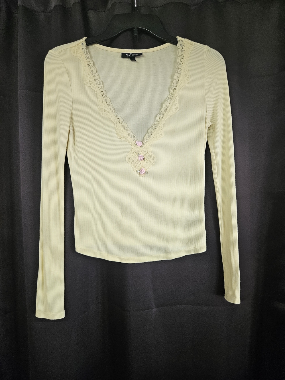 Self Esteem Y2K Cream Ribbed Lace-Trim Long Sleeve Crop Top with Rose Buttons